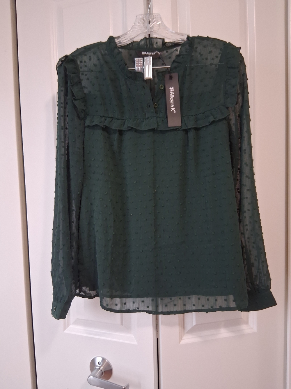 Allegra K Dark Green Swiss Dot Ruffle Henley Blouse